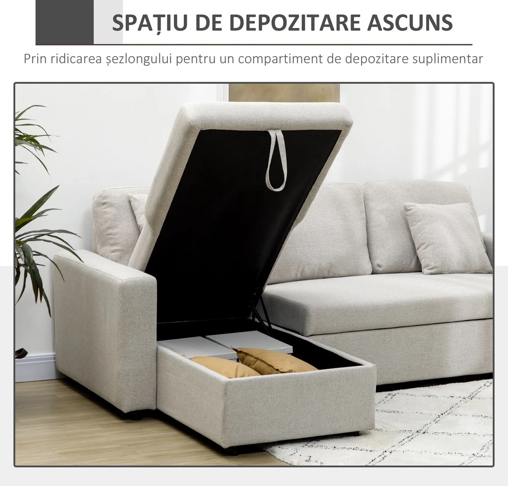 HOMCOM Canapea Extensibilă de Colț în Formă de L, Cu Șezlong Convertibil și Spațiu de Depozitare, Tapițerie Crem cu Efect de In, Perne Incluse | Aosom Romania