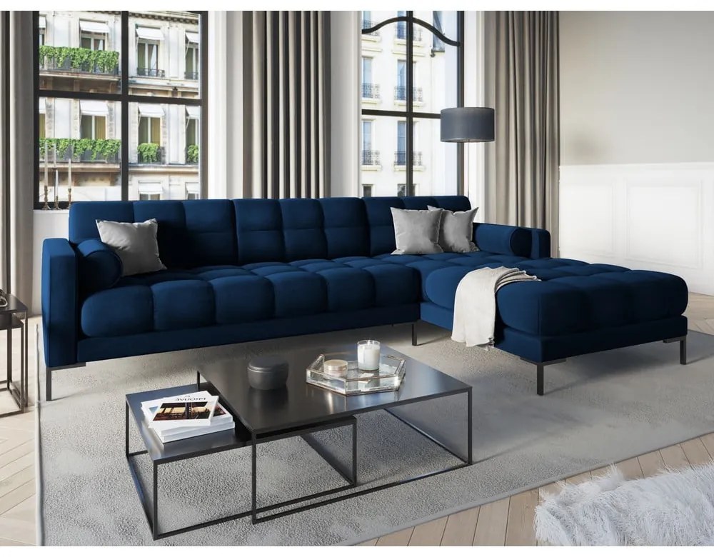 Colțar din catifea cu extensie pe partea dreaptă Cosmopolitan Design Bali, albastru închis