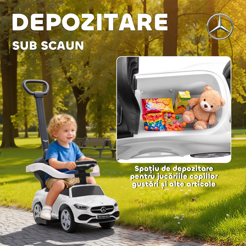 AIYAPLAY Mașină de Călărit pentru Copii 1-3 Ani Convertibilă în Cărucior cu Licență Mercedes, 91x40x83 cm, Alb | Aosom Romania