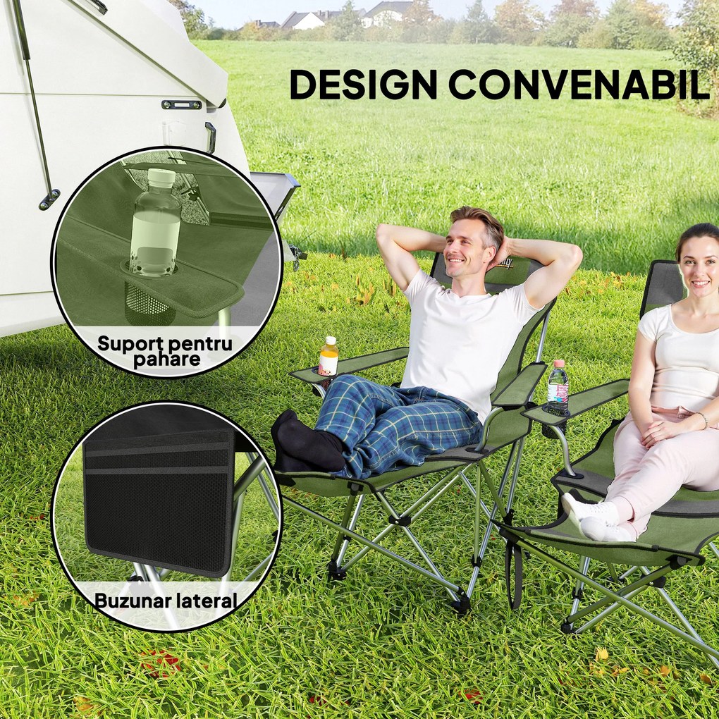 Outsunny Set de 2 Scaune de Camping Pliabile cu Suport pentru Picioare Detașabil, 82x100x88 cm, Negru | Aosom Romania
