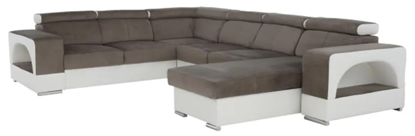 colţar în formă de U, piele ecologică albă/material textil maro, model dreapta, KAMELIA