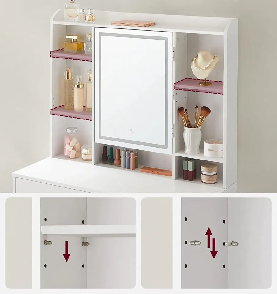 Masuta machiaj cu Oglinda LED si 2 Sertare pentru Cosmetice, Set Masa toaleta 90 cm, Alb, masuta cosmetica, vanity cu sau fara Priza, cu sau fara