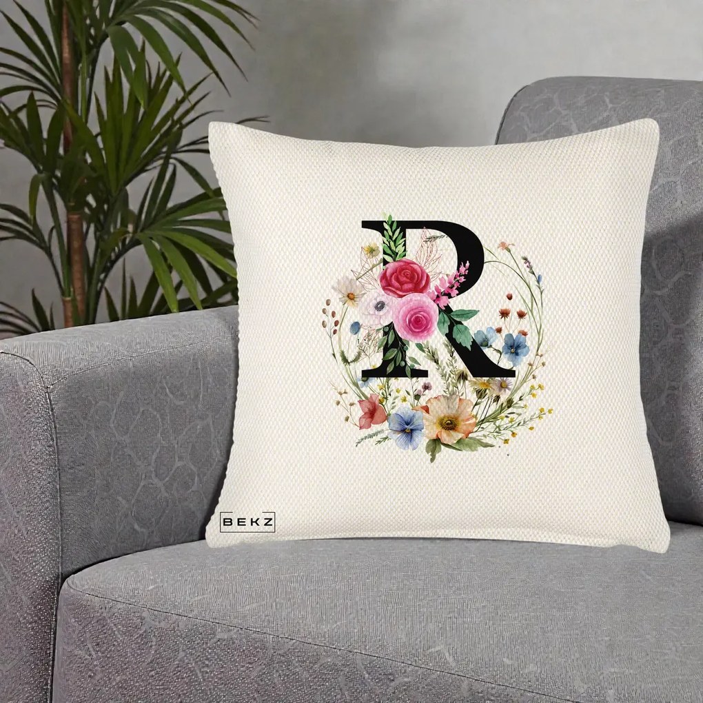 Cadou Personalizat - Perna Personalizata Monogram Litera R cu Flori Acuarela, 40x40 cm, Crem Reliefat, Husa Detasabila, Perna Inclusa, BEKZ®