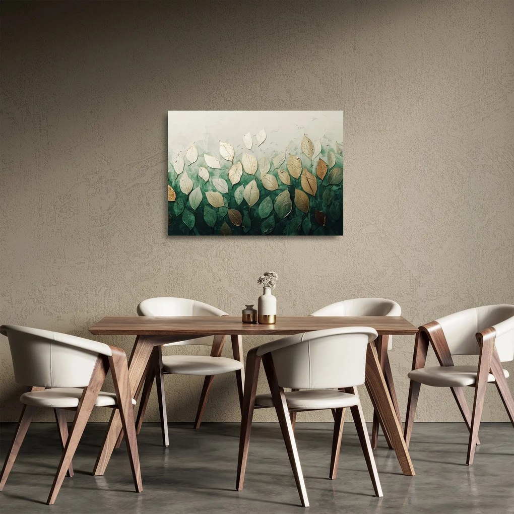 Tablou pe sticlă - Frunze verzi-aurii (70x50 cm)