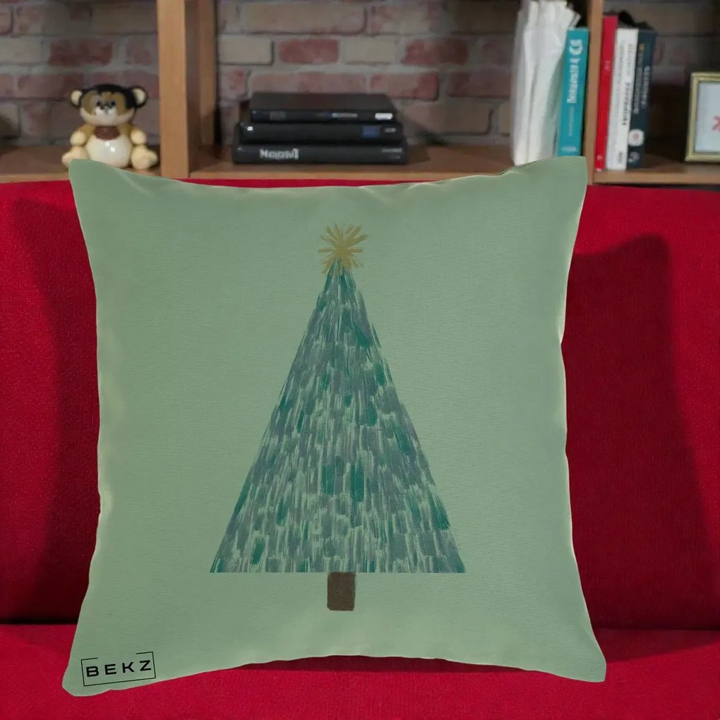 Perna Decorativa Brad de Craciun Acrilic Albastru, 40x40 cm, Verde, Husa Detasabila, Perna Inclusa, BEKZ®