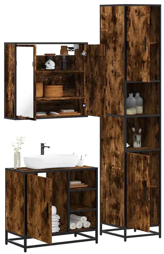 vidaXL Set mobilier de baie, 3 piese, stejar fumuriu, lemn prelucrat