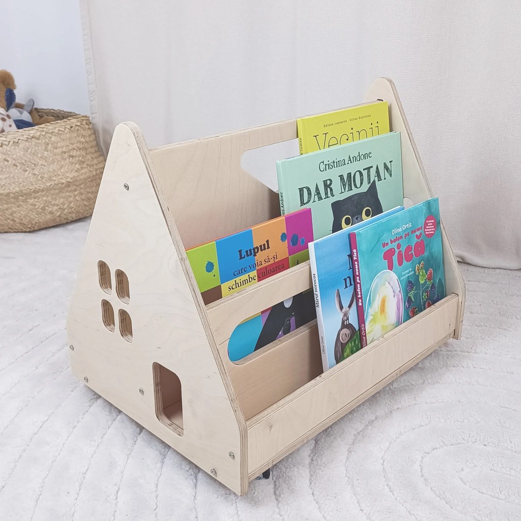 Bibliotecă Montessori cu roți, în formă de căsuță BOOKY Pink