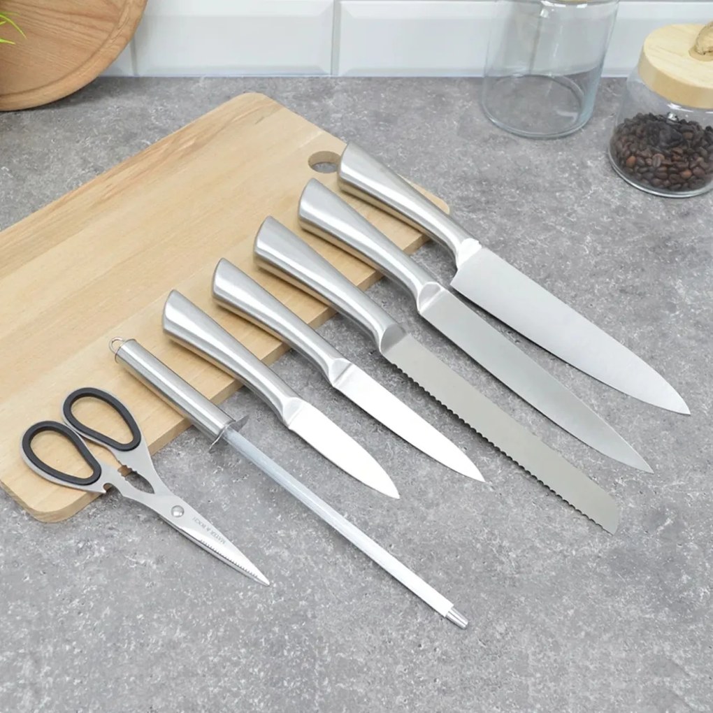 Set cutite inox cu suport Royalty line RL KSS600, cu instrument de ascutire si foarfeca de bucatarie