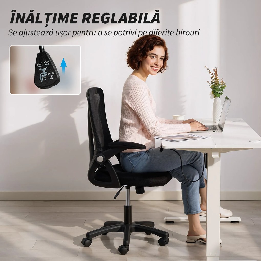 HOMCOM Scaun de Birou din Plasă cu Brațe Rabatabile, Suport Lombar, 59,5 x 56 x 103 cm, Negru | Aosom Romania