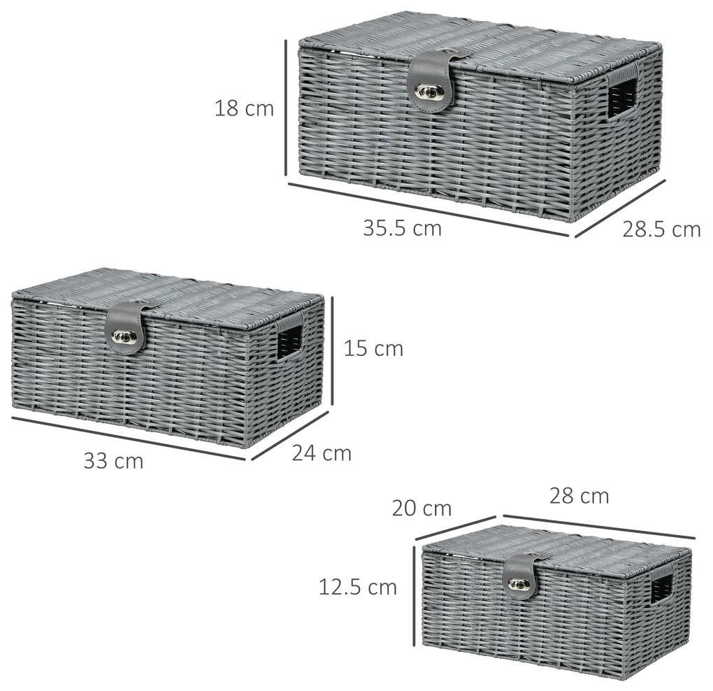 HOMCOM Set de 3 Coșuri de Depozitare din Răchită PP cu Capac, Containere Dreptunghiulare de Diferite Dimensiuni, Gri | Aosom Romania