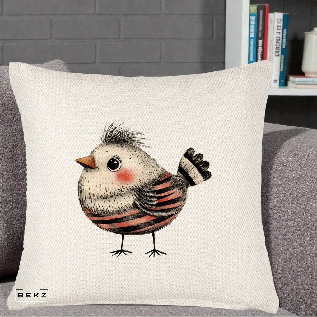 Perna Decorativa Pui Expresiv Dungi Negru-Rosu, 40x40 cm, Crem Reliefat, Husa Detasabila, Perna Inclusa, BEKZ®