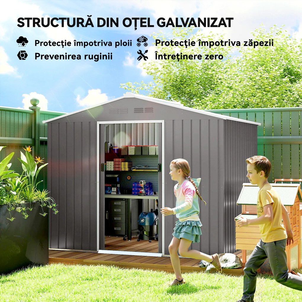 Outsunny Magazie de Grădină 3.6m² din Oțel Galvanizat cu Guri de Ventilație, Magazie de Grădină cu Uși Glisante Duble, Acoperiș Înclinat, Magazie de Unelte cu Mănuși, Gri Deschis | Aosom Romania