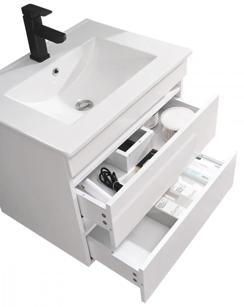 Mobilier de baie Cube 60 cm cu lavoar ceramic (2 sertare) și oglindă 60x80 cm vopsit în alb lucios