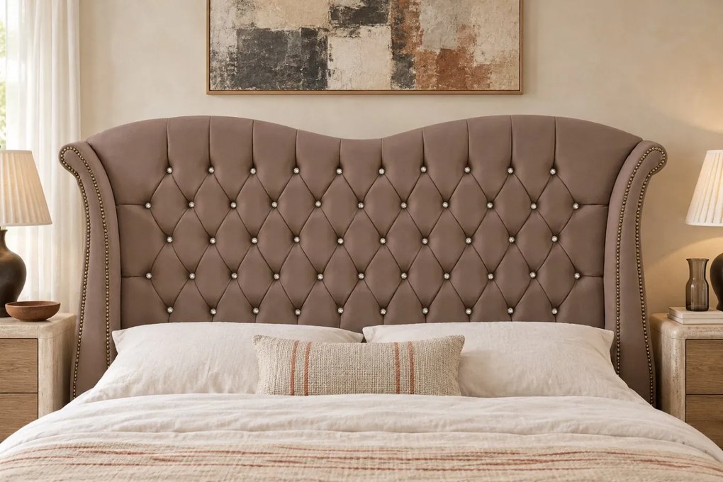 Pat tapițat Chesterfield Avella 140×200 cm, cappuccino, cu ladă de depozitare