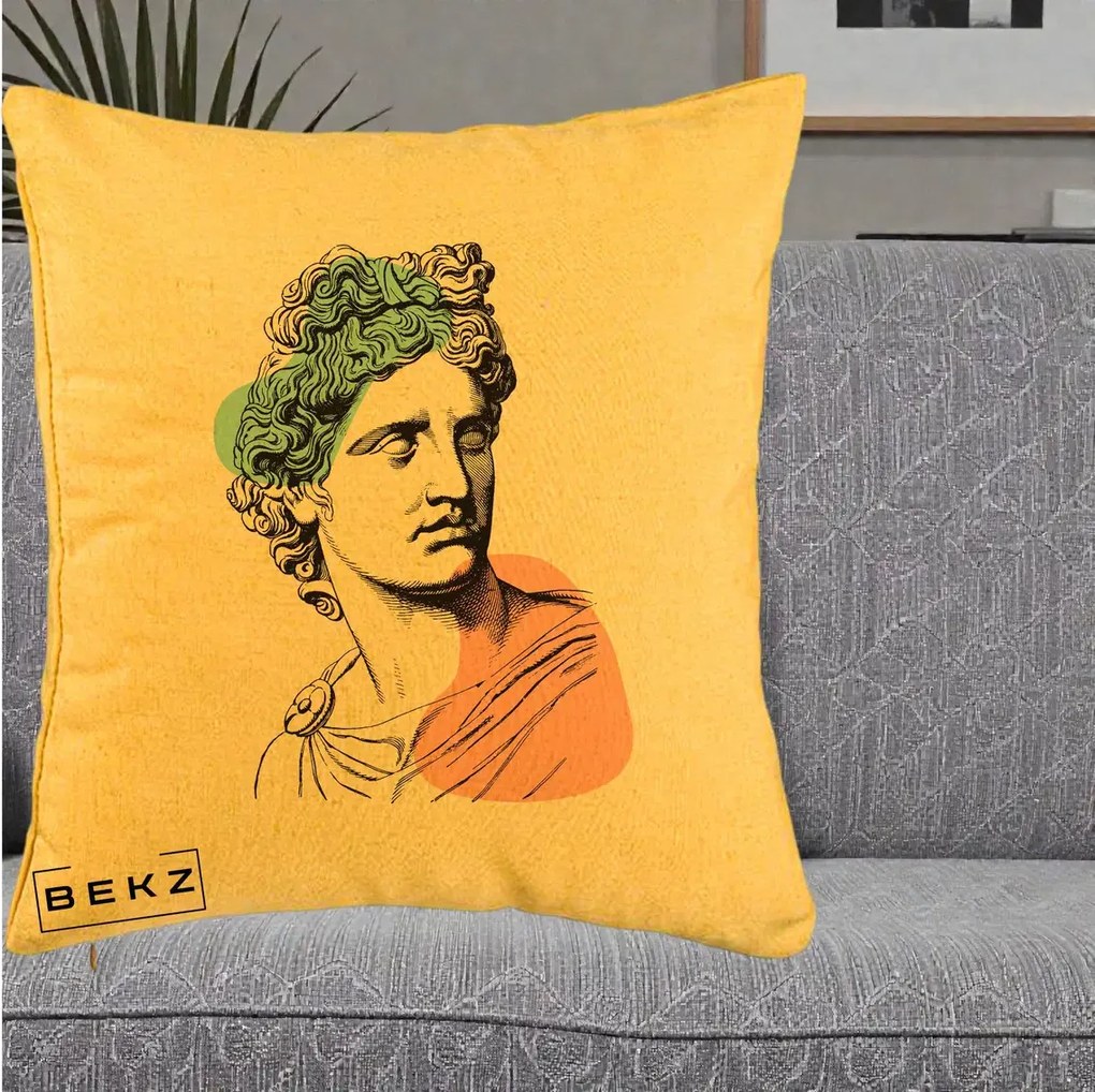 Perna Decorativa Bust Grec Vaporwave, 40x40 cm, Galben, Husa Detasabila, Perna Inclusa, BEKZ®