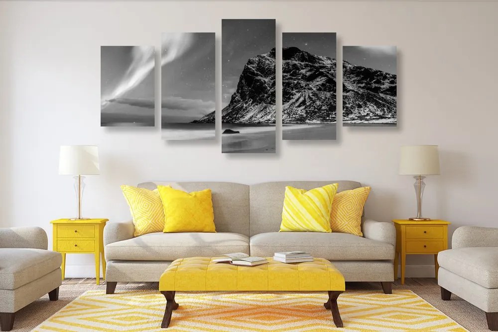 Tablou 5-piese aurora polară în Norvegia în design alb-negru
