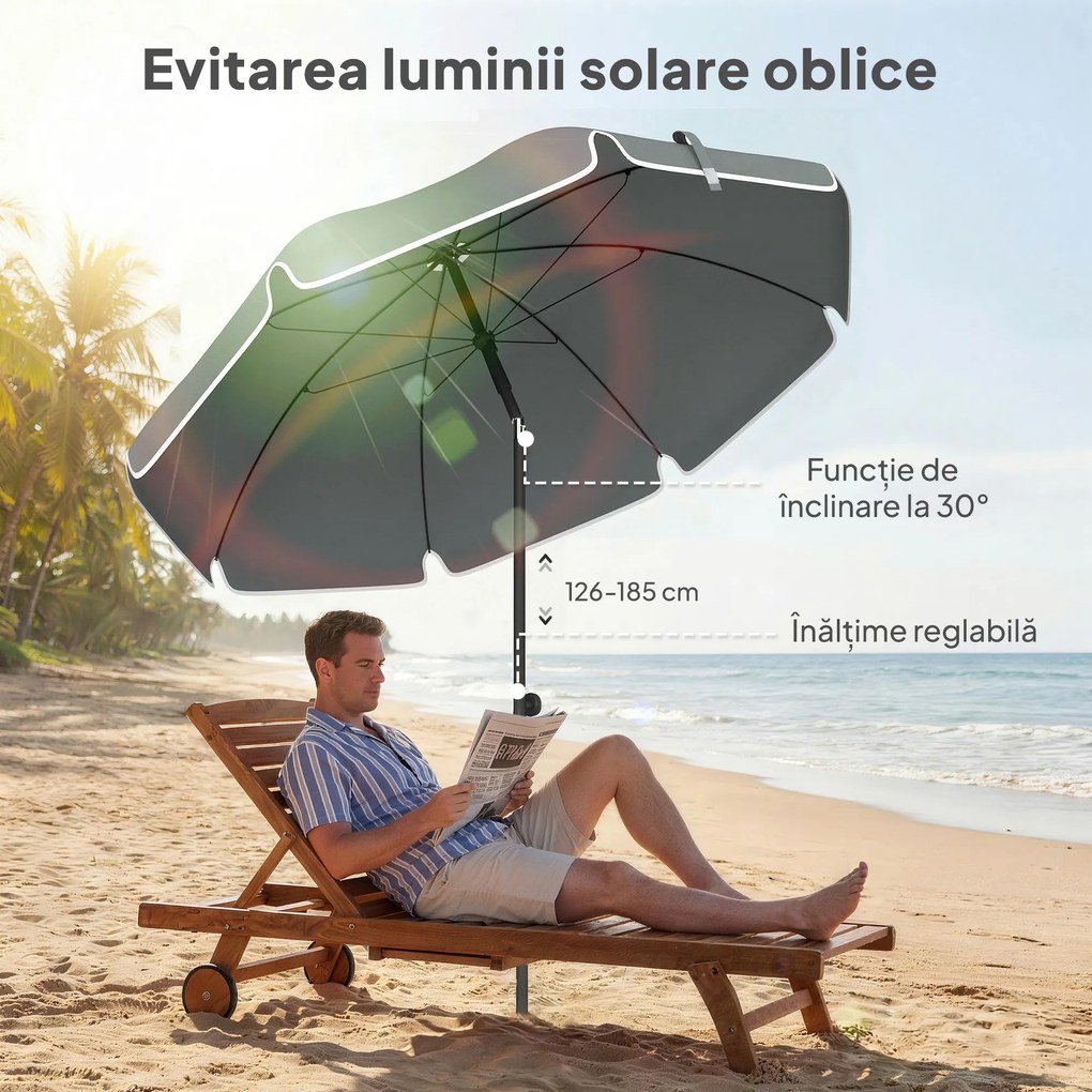 Outsunny Umbrelă de Plajă Inclinabilă cu Ancoră pentru Nisip și Geantă de Transport, Ø150x185 cm, Gri Închis | Aosom Romania