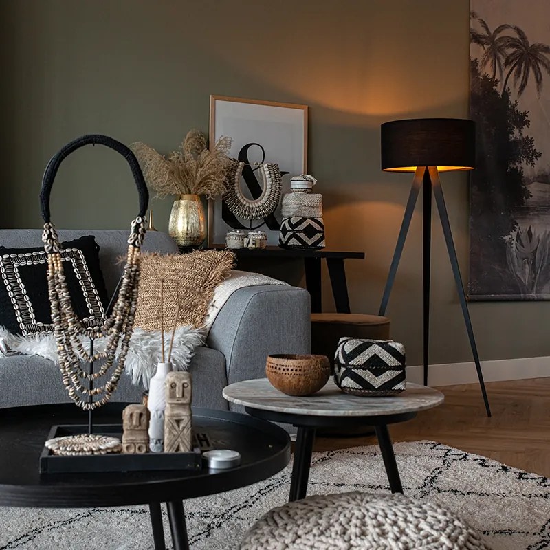 Lampă de podea neagră cu abajur negru și interior auriu - Ilse