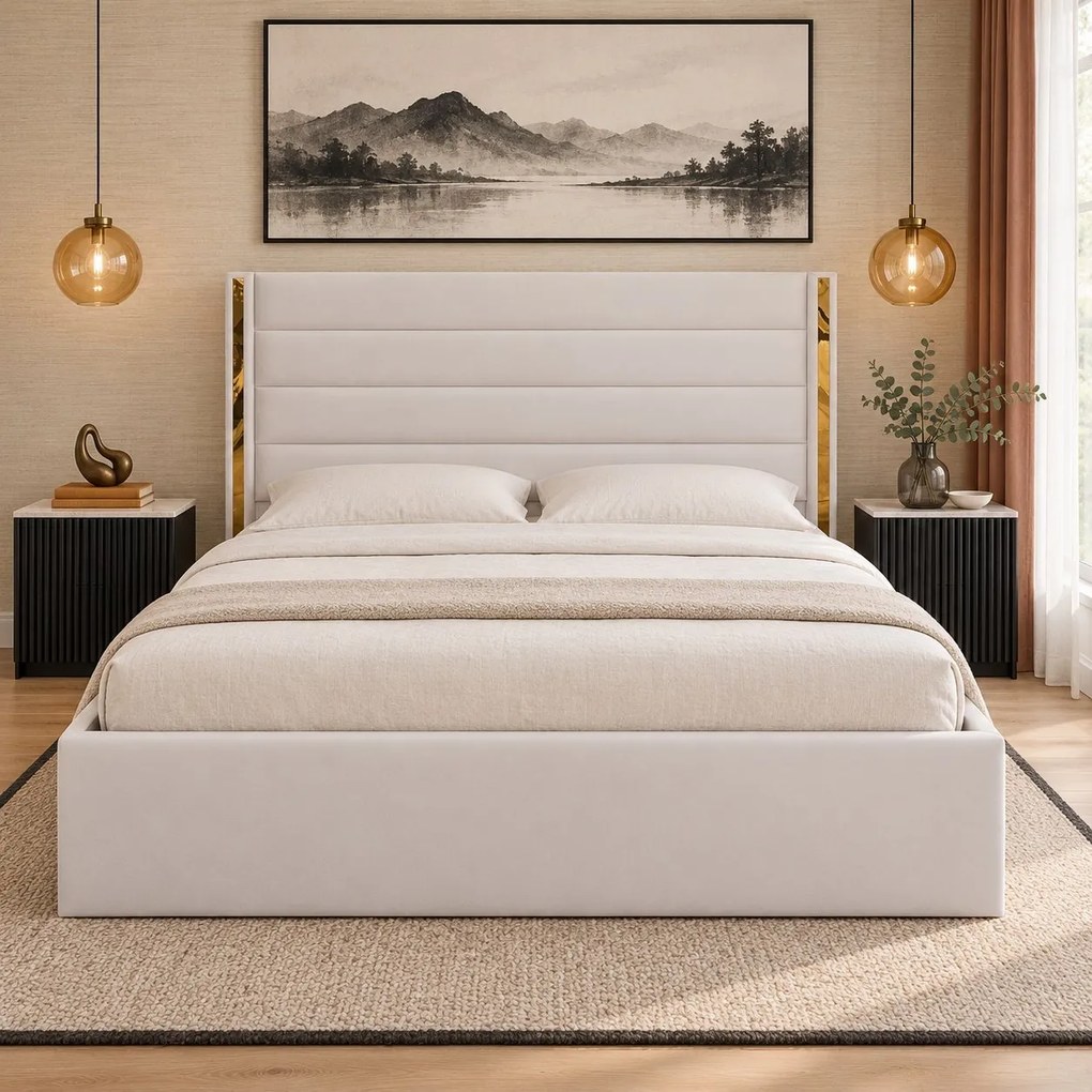 Pat tapițat din catifea Veyra 160×200 cm, crem, detalii aurii, cu ladă de depozitare