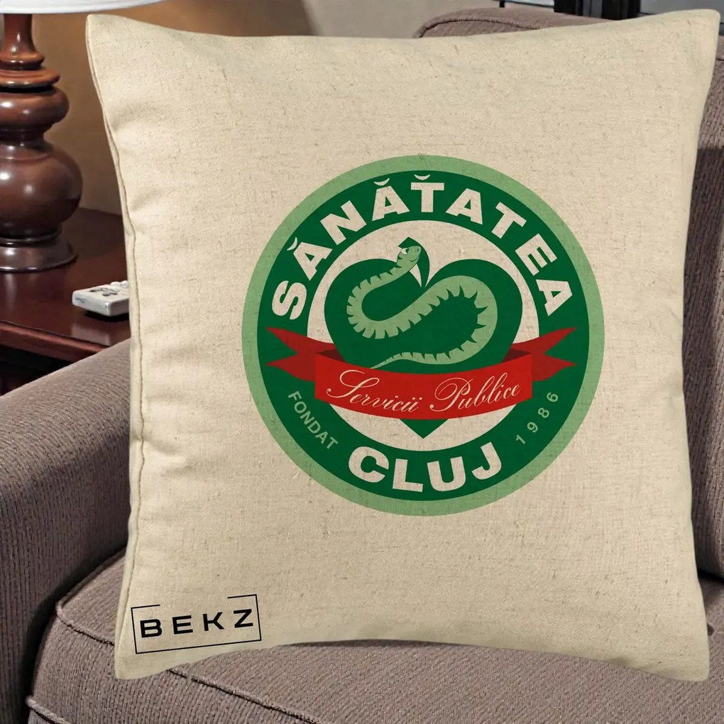 Perna Personalizata Sanatatea Cluj Servicii Publice 1986, 40x40 cm, Bej, Husa Detasabila, Perna Inclusa, BEKZ®