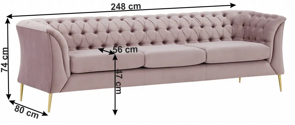 Canapea cu 3-locuri de lux, roz învechit, NIKOL 3 ML