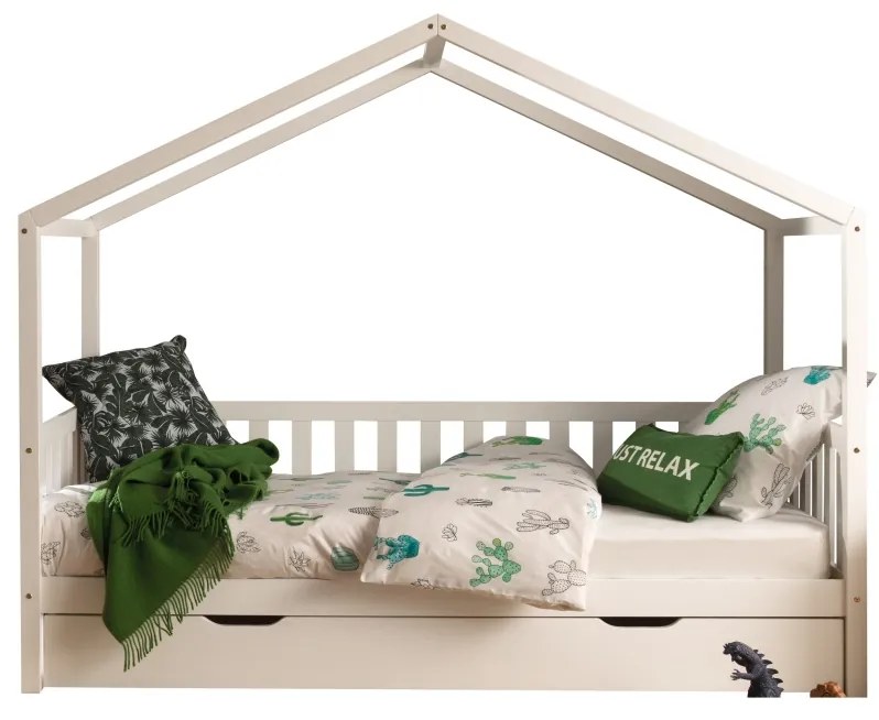 Set Pat Căsuță, cu Protecție și Sertar, Alb, 90 x 200 cm, Pin Masiv – Dallas – Vipack
