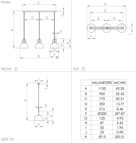 Lustră pe cablu CALMANERA 3xE27/40W/230V neagră Eglo 99694
