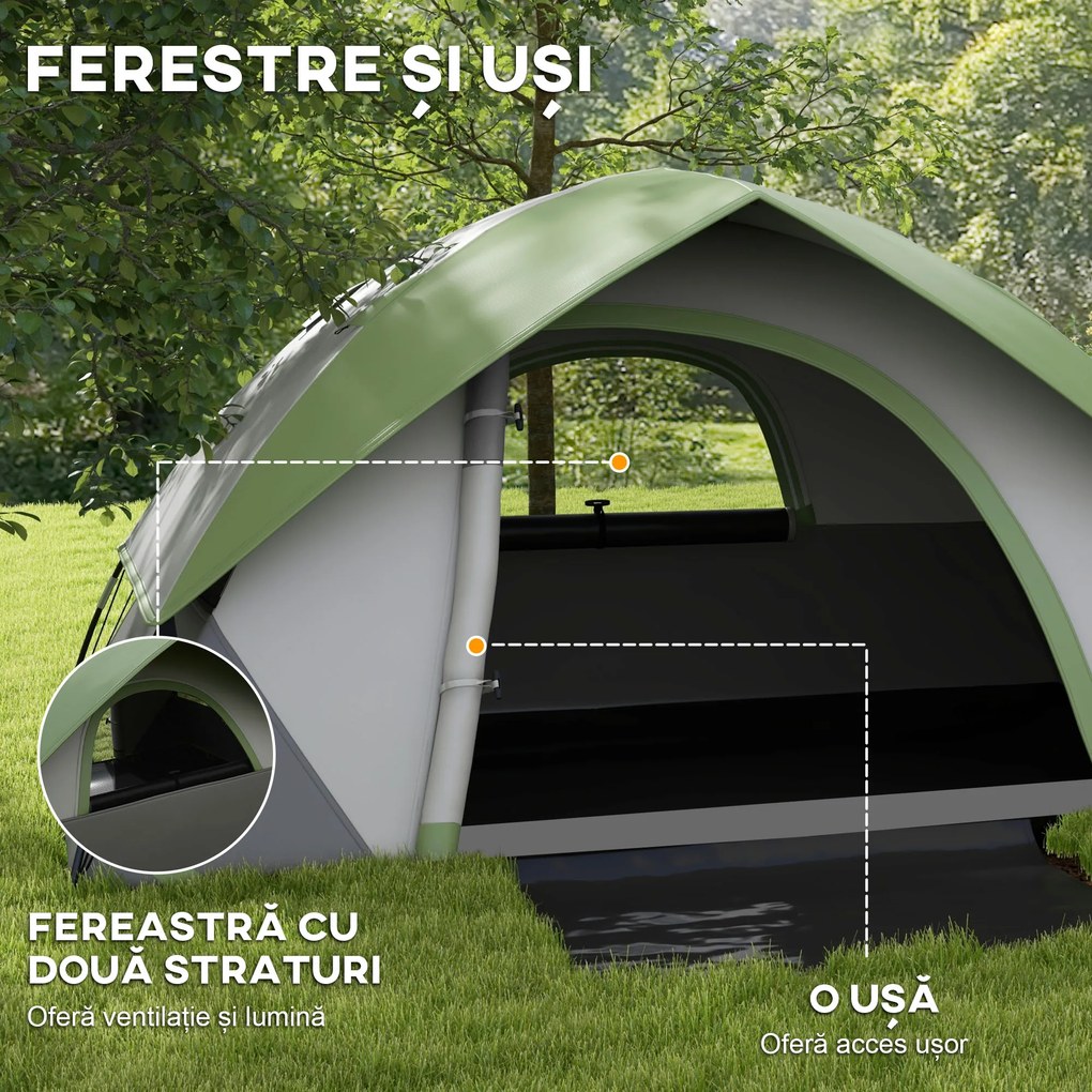 Outsunny Cort de Camping cu 3 Locuri, Geam din Plasă și Cârlig Felinar, Cort de Camping din PE, 270x210x150 cm, Verde | Aosom Romania