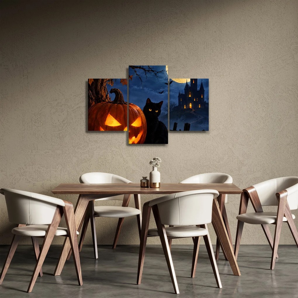 Tablou - Pisică neagră lângă un dovleac luminat de Halloween (90x60 cm)