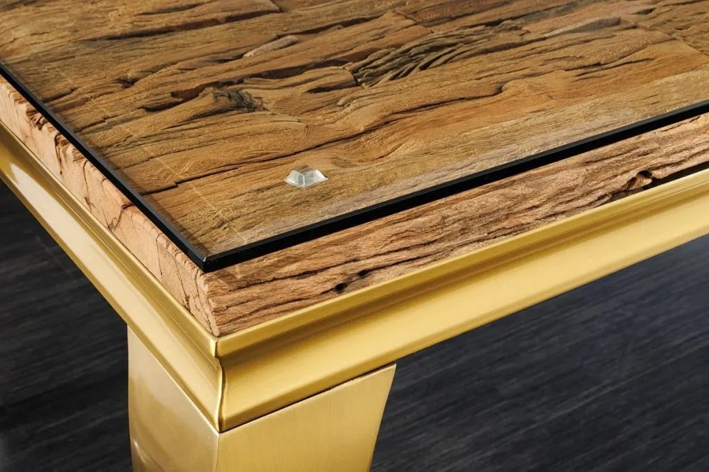 Masa dining, Lemn de Tec, Sticla, Otel Auriu, MODERN BAROCK BARRACUDA 200cm