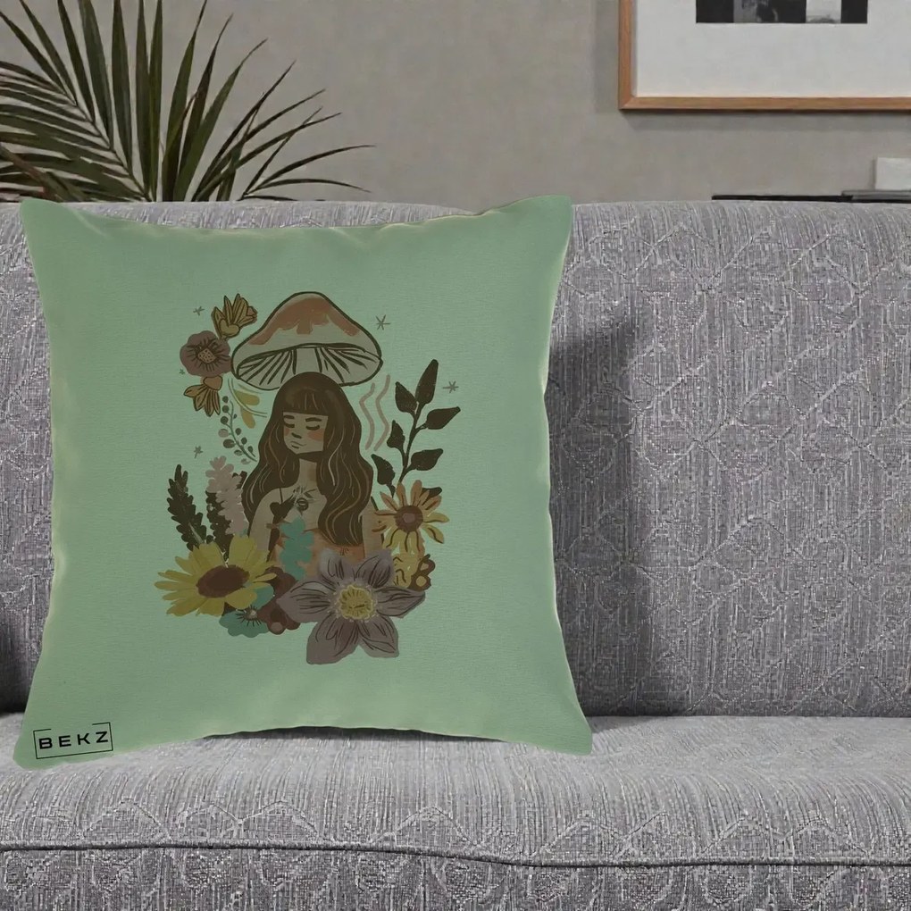 Perna Decorativa Fata Ciuperca Boho Florala, 40x40 cm, Verde, Husa Detasabila, Perna Inclusa, BEKZ®