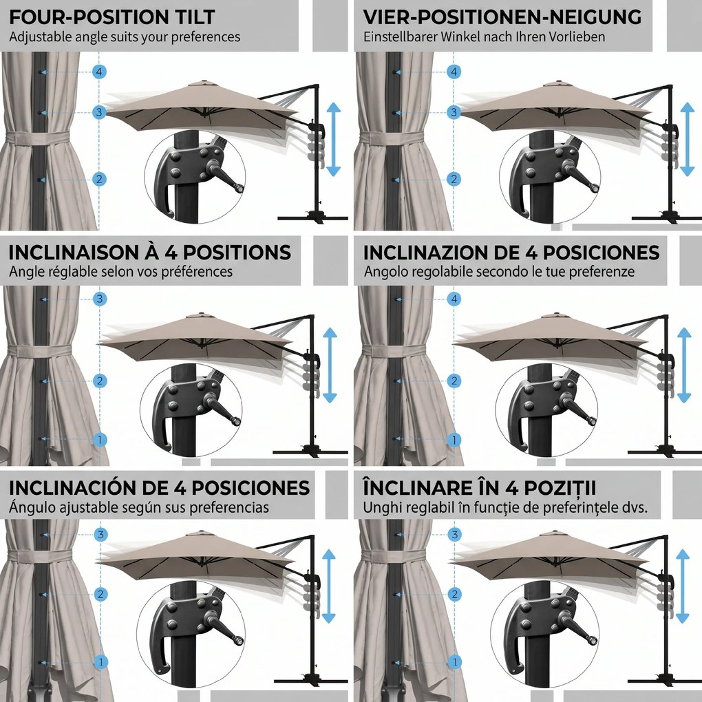 Outsunny Umbrelă de Soare cu 8 Lamele cu Pedală și Manivelă, Umbrelă de Soare din Aluminiu și Poliester, 295x295x266 cm, Kaki | Aosom Romania