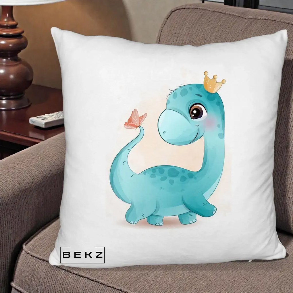Perna Personalizata Dinozaur Bland Coroana Kawaii, 40x40 cm, Alb Pufos, Husa Detasabila, Perna Inclusa, BEKZ®
