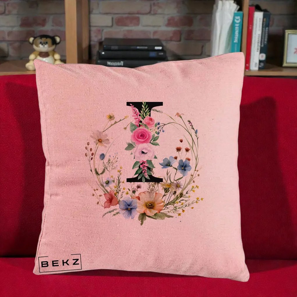 Cadou Personalizat - Perna Personalizata Monogram Litera I cu Flori Acuarela, 40x40 cm, Roz, Husa Detasabila, Perna Inclusa, BEKZ®
