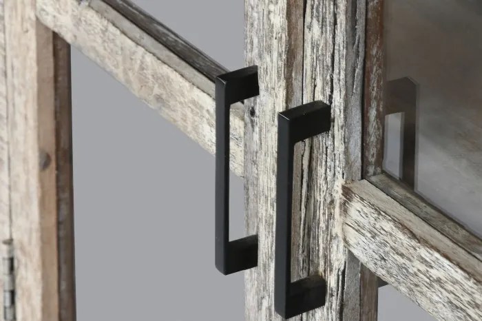 Bufet rustic din lemn reciclat, natur, cu 4 uși vitrate și mânere din metal negru, 90 x 170 x 40 cm, „Valmira”