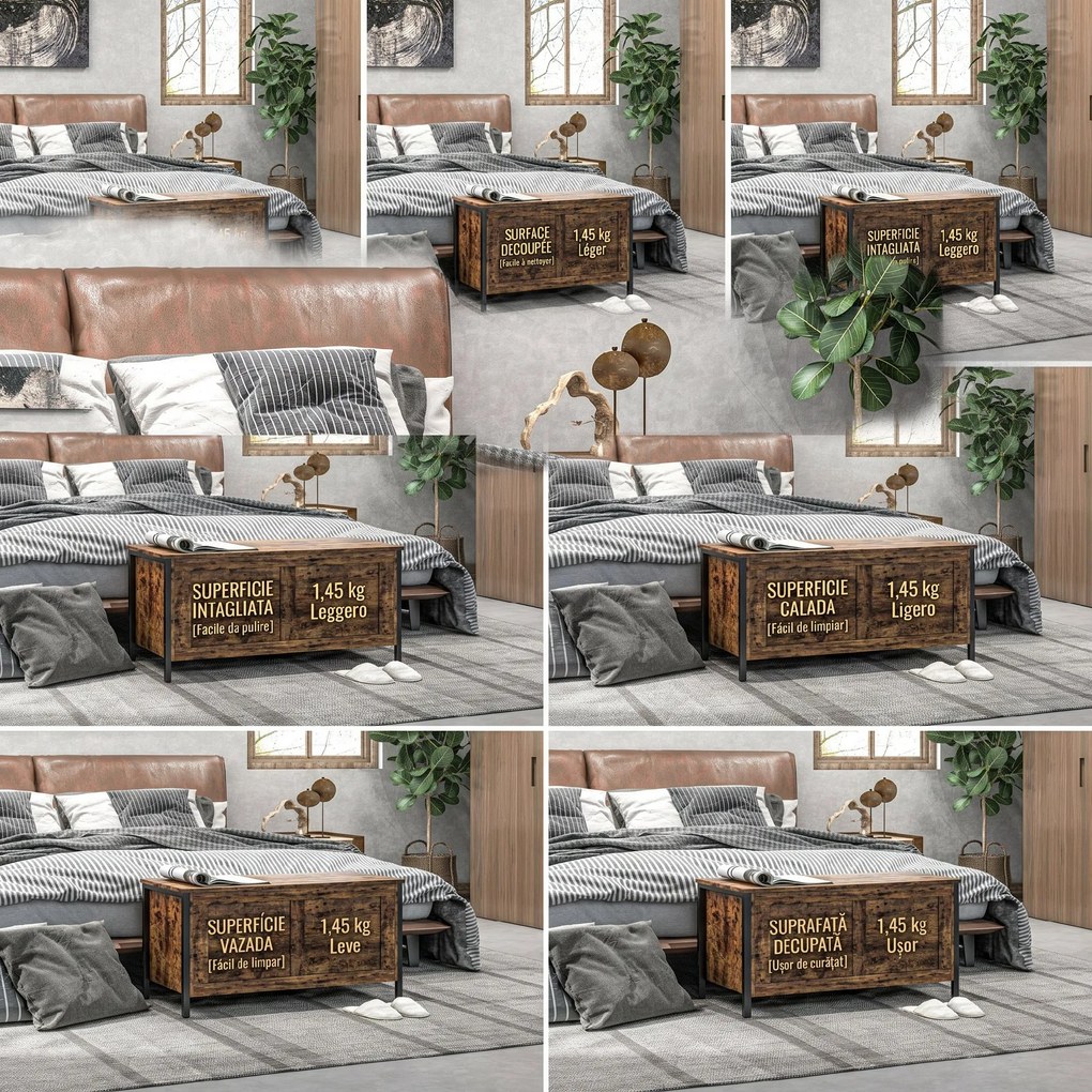 HOMCOM Bancă de Depozitare de 95L în Stil Industrial cu Capac cu Balamale de Siguranță, 80x40x49 cm, Maro Rustic | Aosom Romania