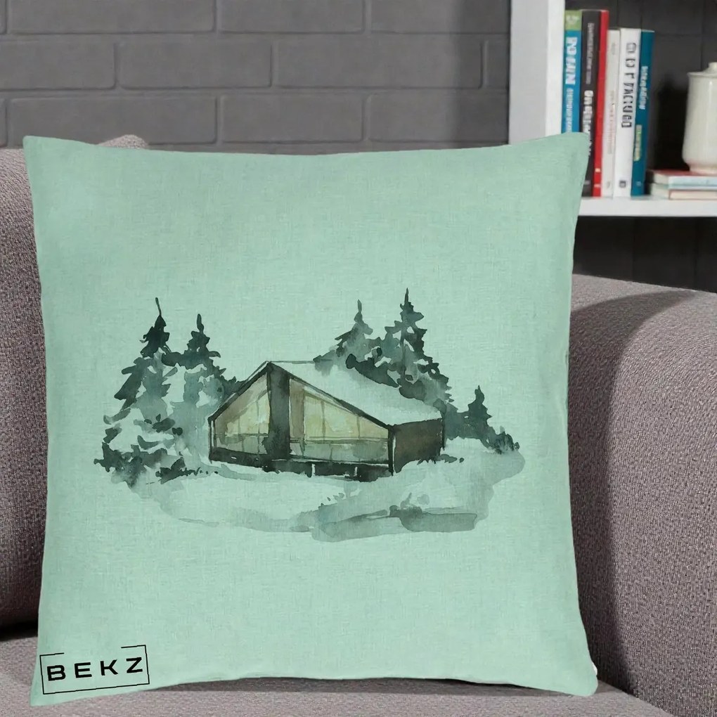 Perna Decorativa Cabana de Iarna in Padure, 40x40 cm, Verde Menta, Husa Detasabila, Perna Inclusa, BEKZ®