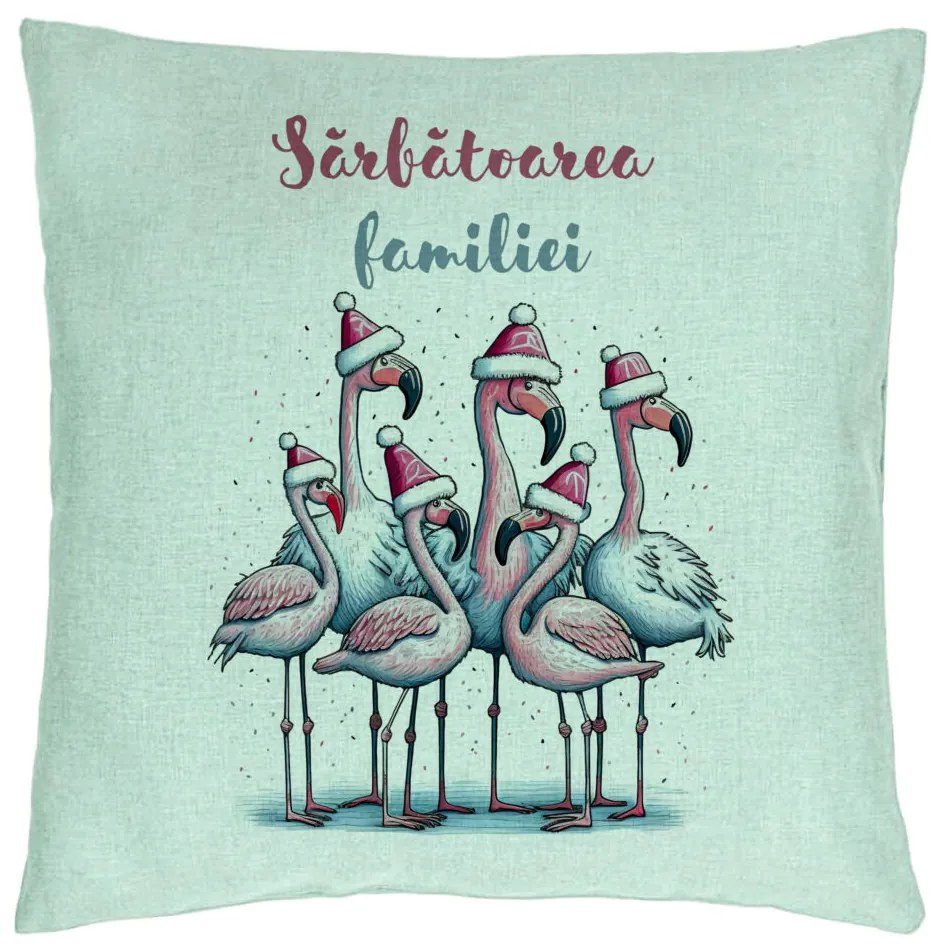 Perna Decorativa cu tematica de Craciun, Flamingo si Text 2, 40x40 cm, Verde Menta, Husa Detasabila, Burduf