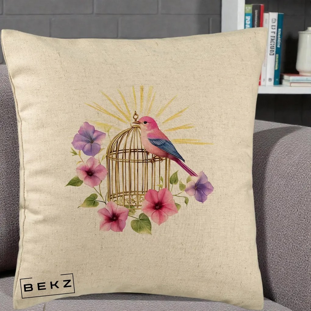 Perna Decorativa Pasare Roz pe Colivie Aurie cu Flori, 40x40 cm, Bej, Husa Detasabila, Perna Inclusa, BEKZ®