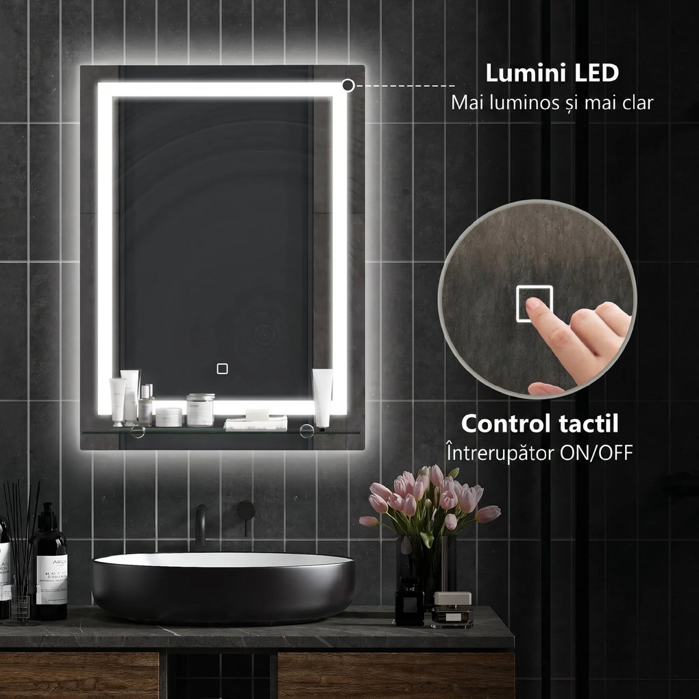 Kleankin Oglindă de Baie cu Lumini LED în 3 Culori Reglabile și Raft din Sticlă, 50x12x70 cm, Argintiu | Aosom Romania