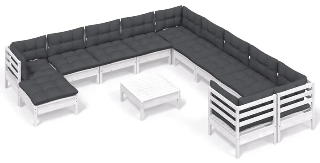 3097062 vidaXL Set mobilier grădină cu perne, 12 piese, alb, lemn de pin