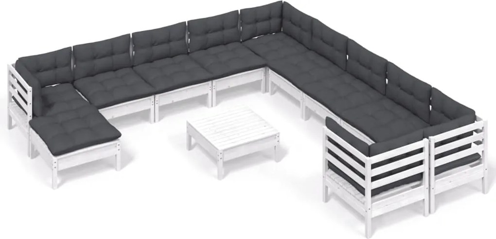 vidaXL Set mobilier grădină cu perne, 12 piese, alb, lemn de pin