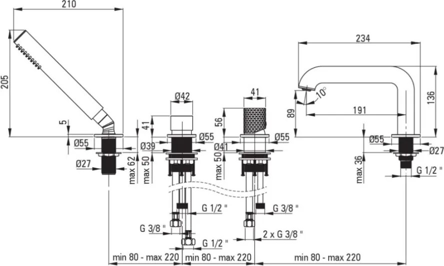 🛁 Baterie pentru cadă SILIA HEXA, 4 orificii, cu set de duș – Finisaj oțel șlefuit – Cod BHS_F14M
