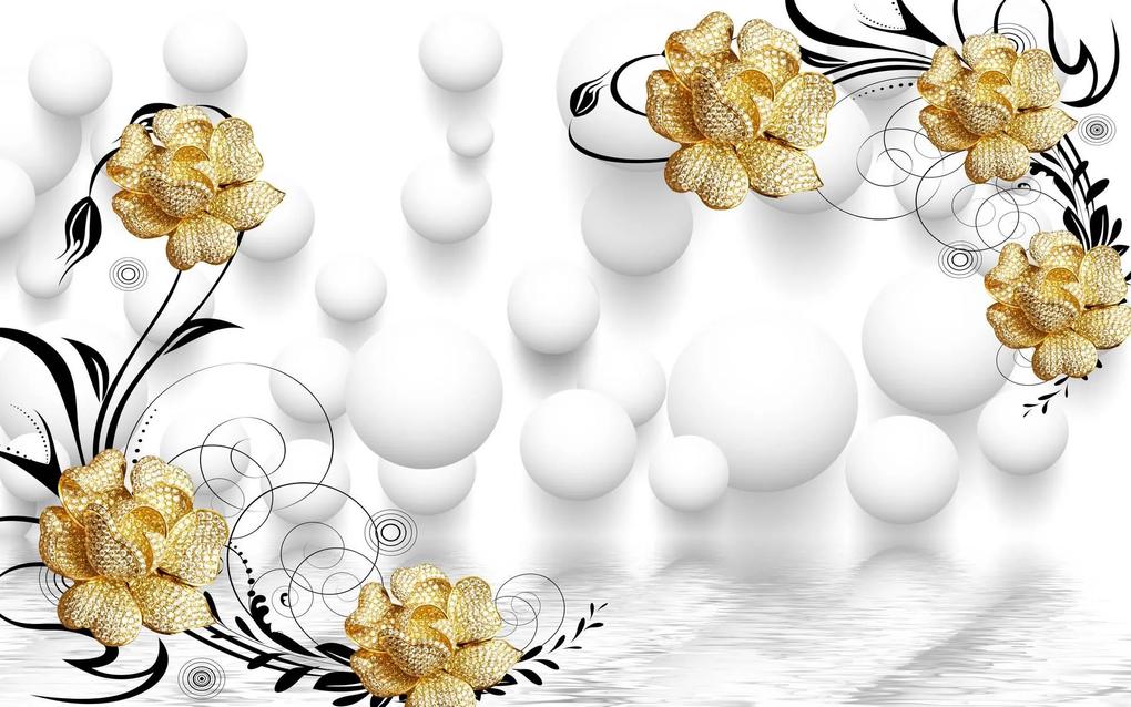 Fototapet 3D, Flori galbene cu baloane albe Art.05361