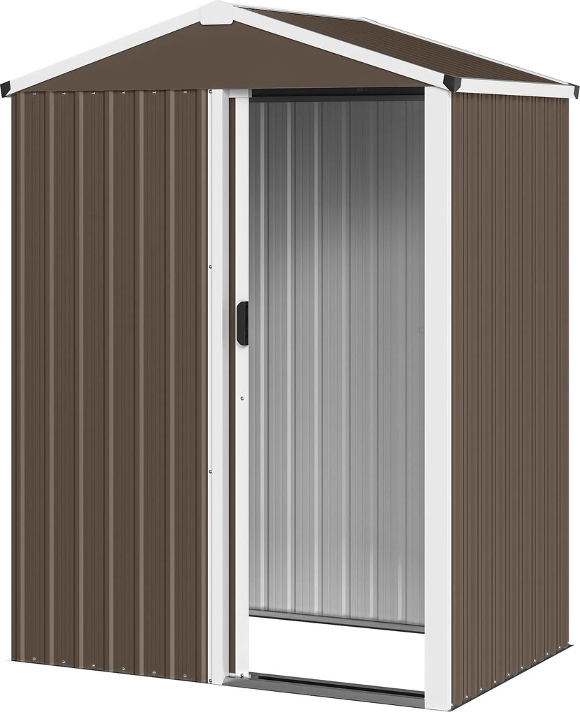 Outsunny Magazie de Grădină 1.1m² din Oțel Galvanizat, Capannă de Grădină cu Ușă Glisantă Blocabilă, Acoperiș Înclinat, Mănuși, Magazie pentru Unelte, 136x87x179 cm, Maro | Aosom Romania