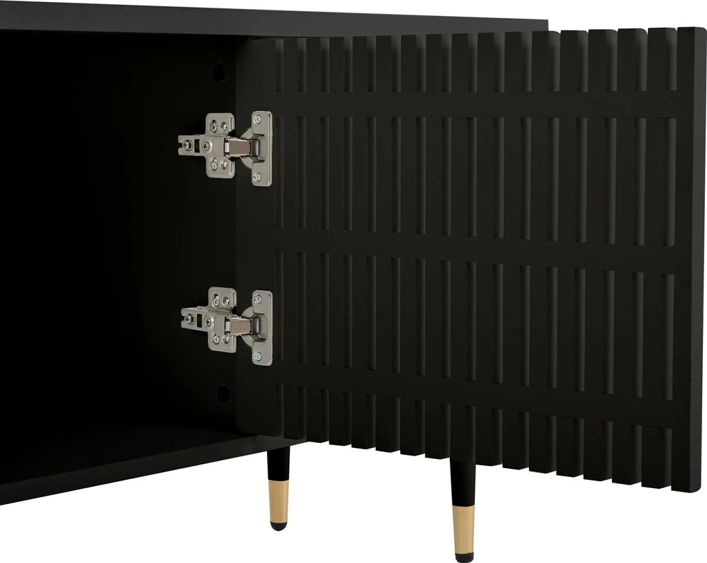 Comodă TV cu front din plasă metalică și accente aurii, 4 uși, 170x36x54 cm, Negru