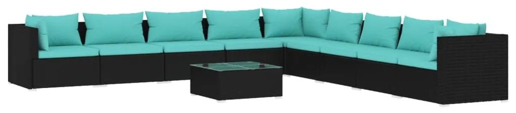 Set mobilier de gradina cu perne, 10 piese, negru, poliratan negru si albastru acvatic, 3x colt + 6x mijloc + masa, 1