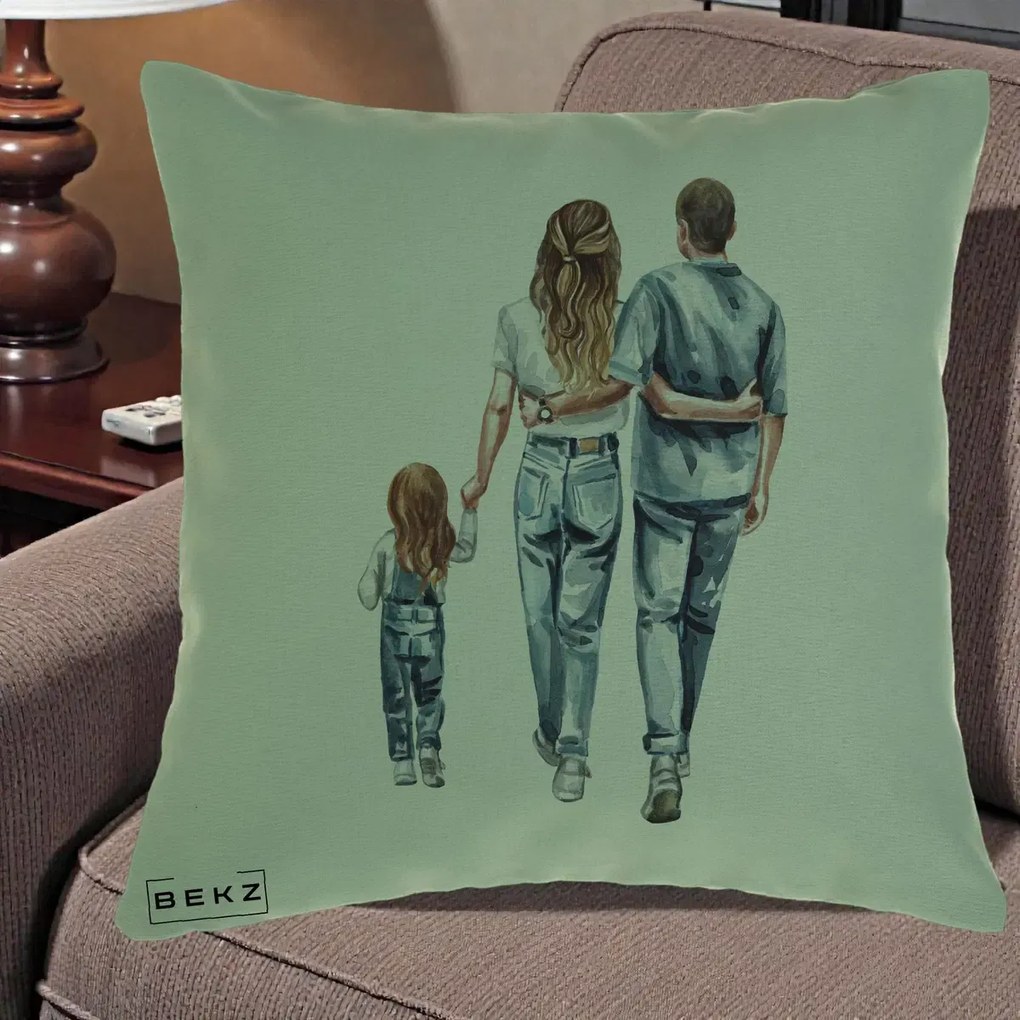 Cadou pentru Familie - Perna Personalizata Familie Acuarela Jeans, 40x40 cm, Verde, Husa Detasabila, Perna Inclusa, BEKZ®