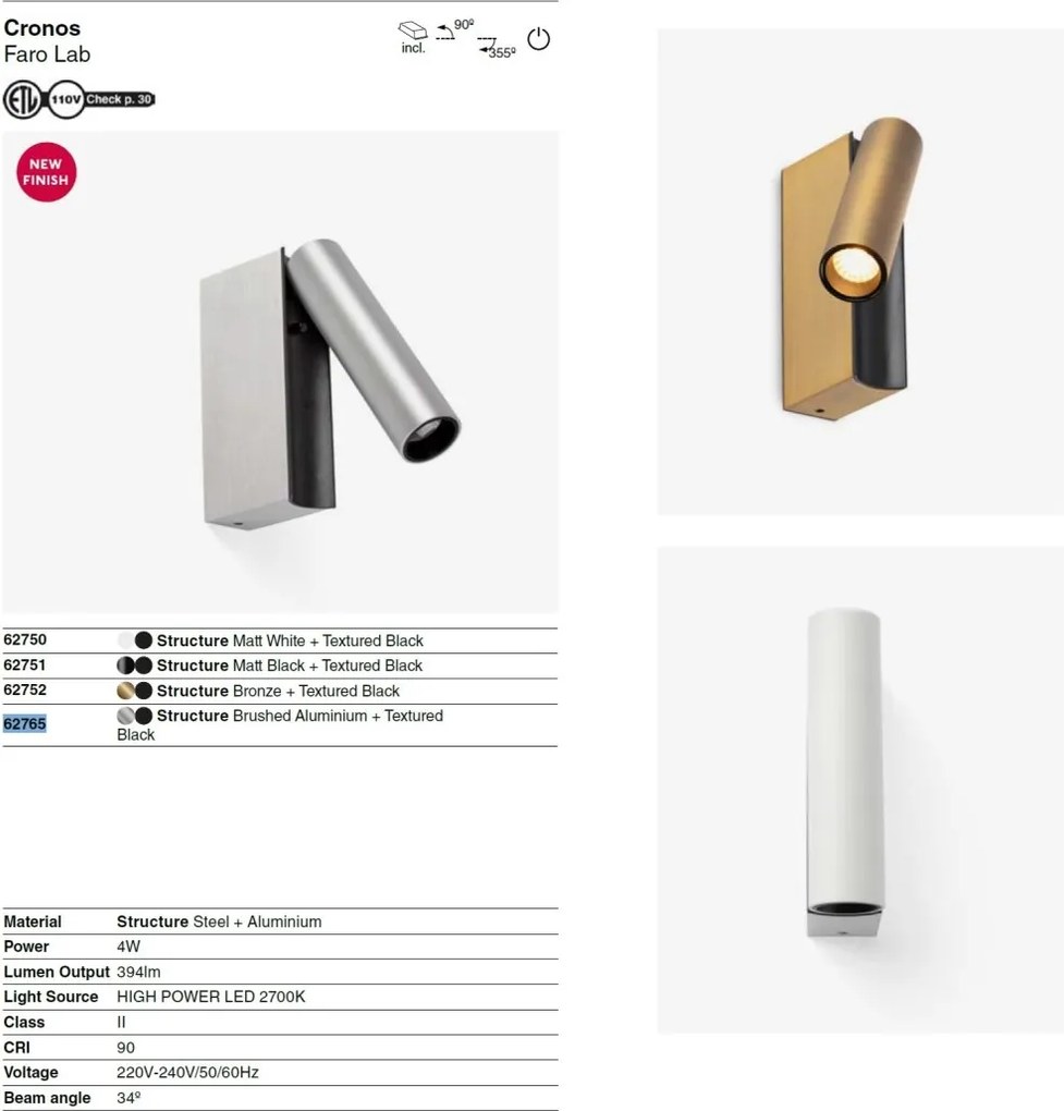 Aplica cu reader LED directionabil stil minimalist CRONOS aluminiu