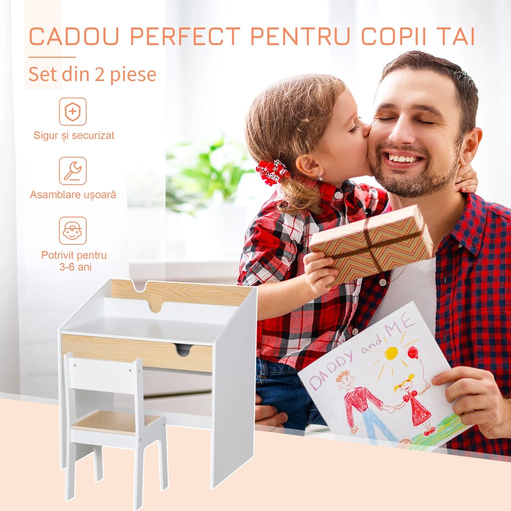 HOMCOM Set Birou și Scaun pentru Copii 6-10 Ani cu Raft și Sertar | Aosom Romania